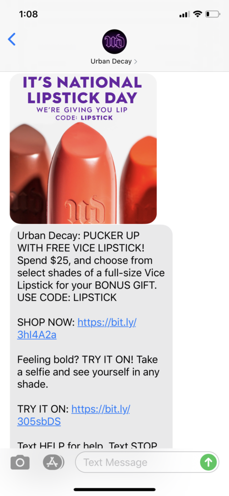 Urban Decay Text Message Marketing Example - 07.29.2020