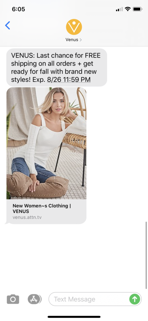 Venus Text Message Marketing Example - 08.26.2020