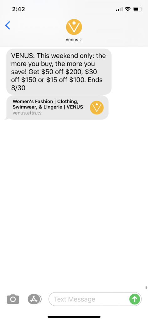Venus Text Message Marketing Example - 08.29.2020