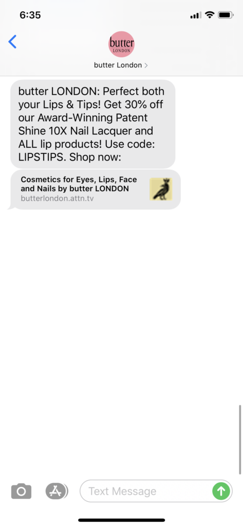 butter London Text Message Marketing Example - 08.20.2020