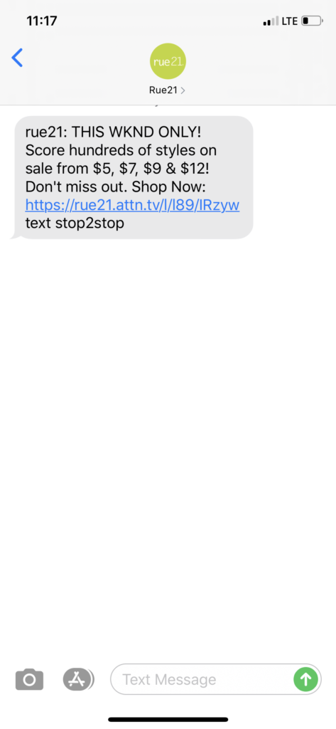 rue21 Text Message Marketing Example - 07.31.2020