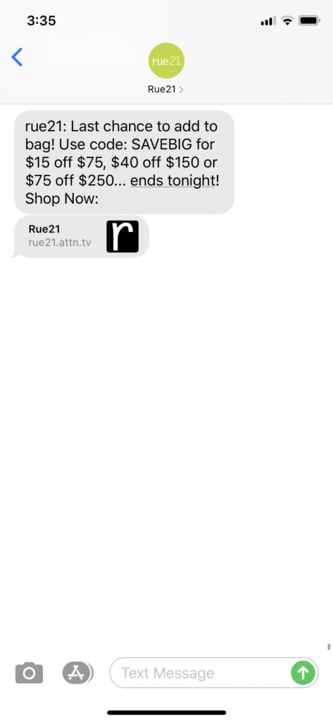 rue21 Text Message Marketing Example - 08.24.2020