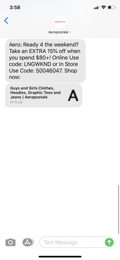 Aeropostale Text Message Marketing Example - 09.04.2020
