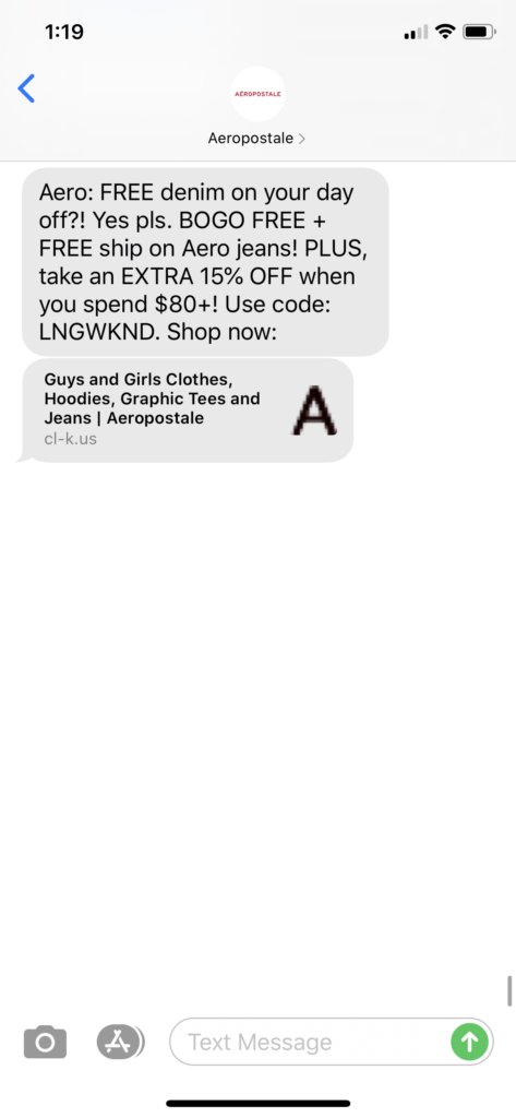 Aeropostale Text Message Marketing Example - 09.07.2020