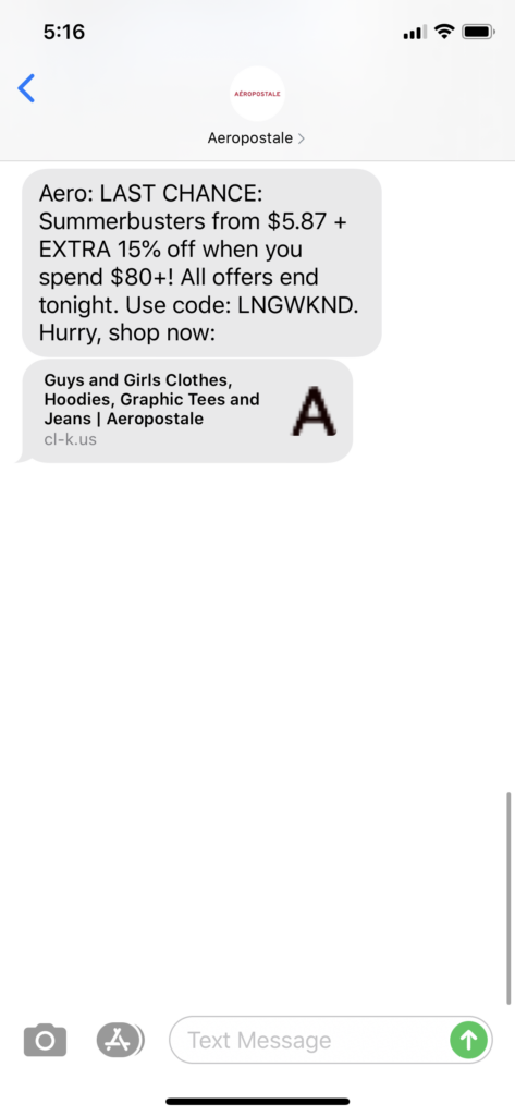 Aeropostale Text Message Marketing Example - 09.09.2020