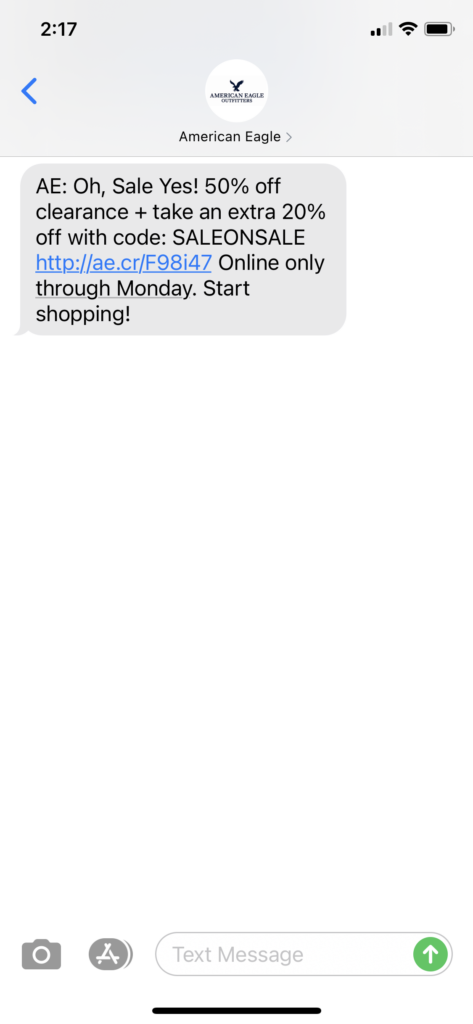 American Eagle Text Message Marketing Example - 09.18.2020