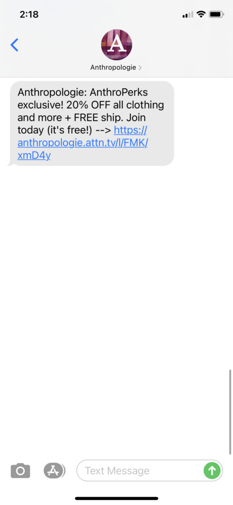 Anthropologie Text Message Marketing Example - 09.18.2020