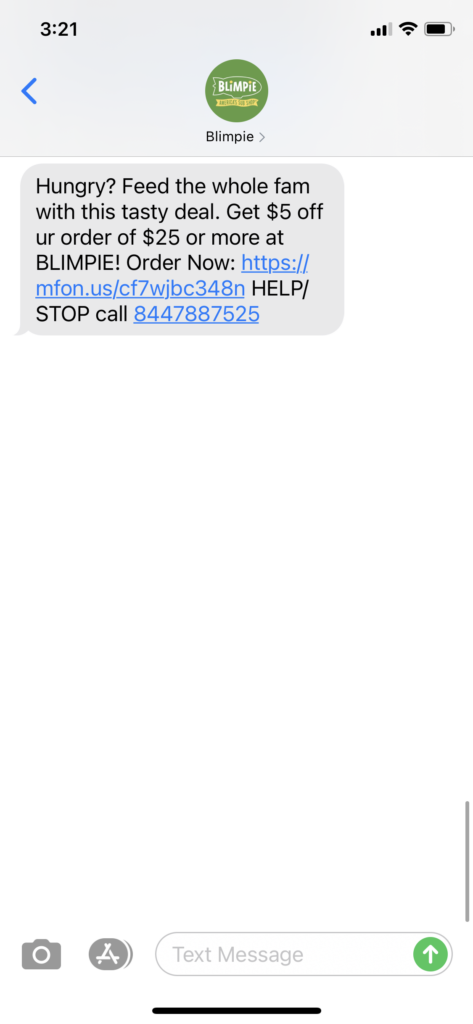 Blimpie Text Message Marketing Example - 09.16.2020