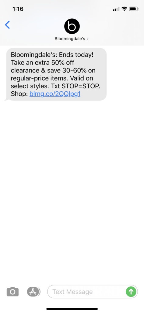 Bloomingdale’s Text Message Marketing Example - 09.07.2020