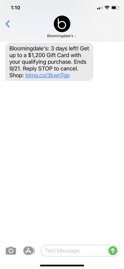 Bloomingdale’s Text Message Marketing Example - 09.19.2020