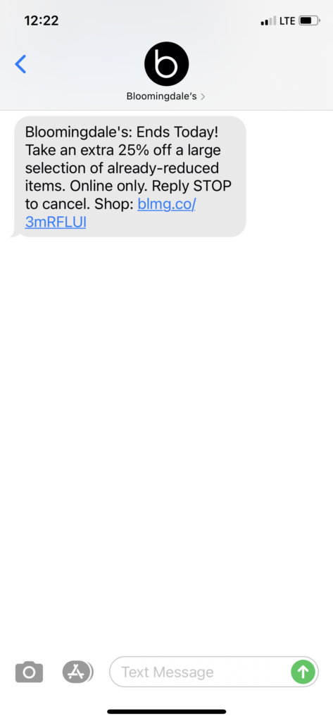 Bloomingdale’s Text Message Marketing Example - 09.25.2020