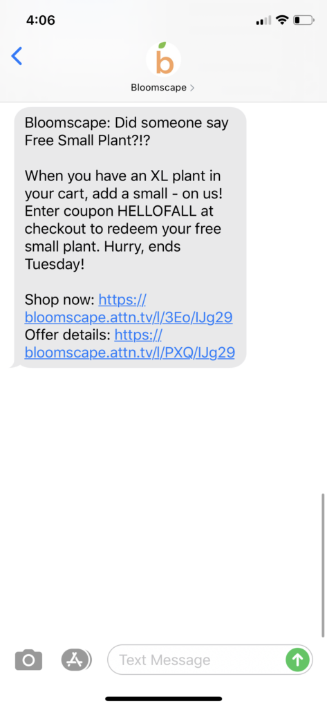 Bloomscape Text Message Marketing Example - 09.13.2020