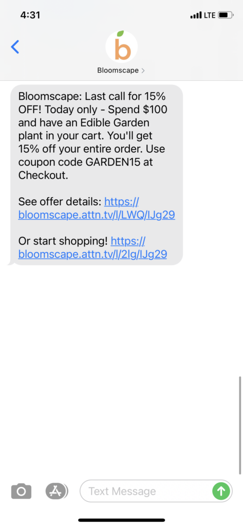 Bloomscape Text Message Marketing Example - 09.28.2020