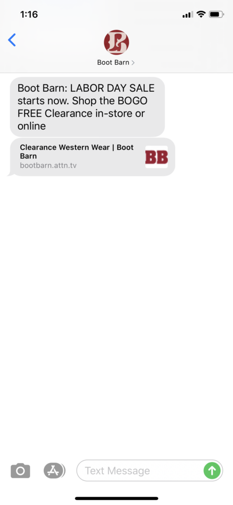 Boot Barn Text Message Marketing Example - 09.03.2020