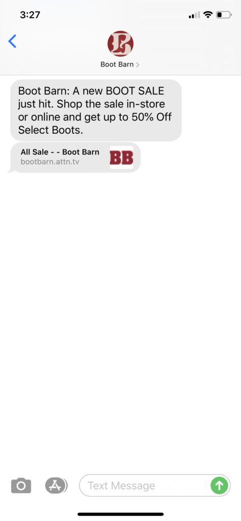 Boot Barn Text Message Marketing Example - 09.15.2020