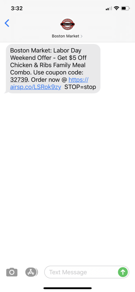 Boston Market Text Message Marketing Example - 09.05.2020