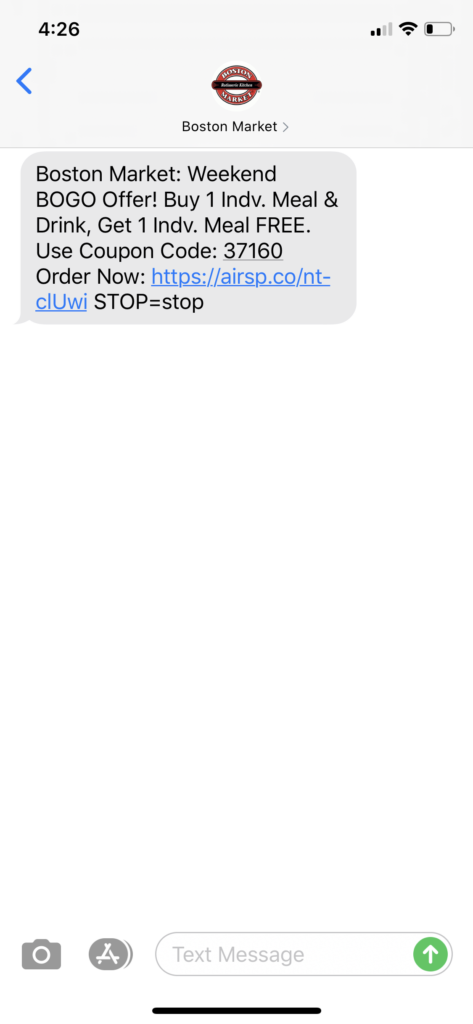 Boston Market Text Message Marketing Example - 09.12.2020