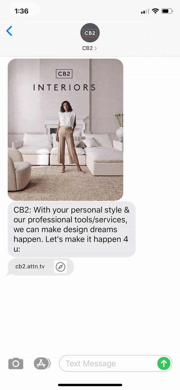 CB2 Text Message Marketing Example - 09.02.2020