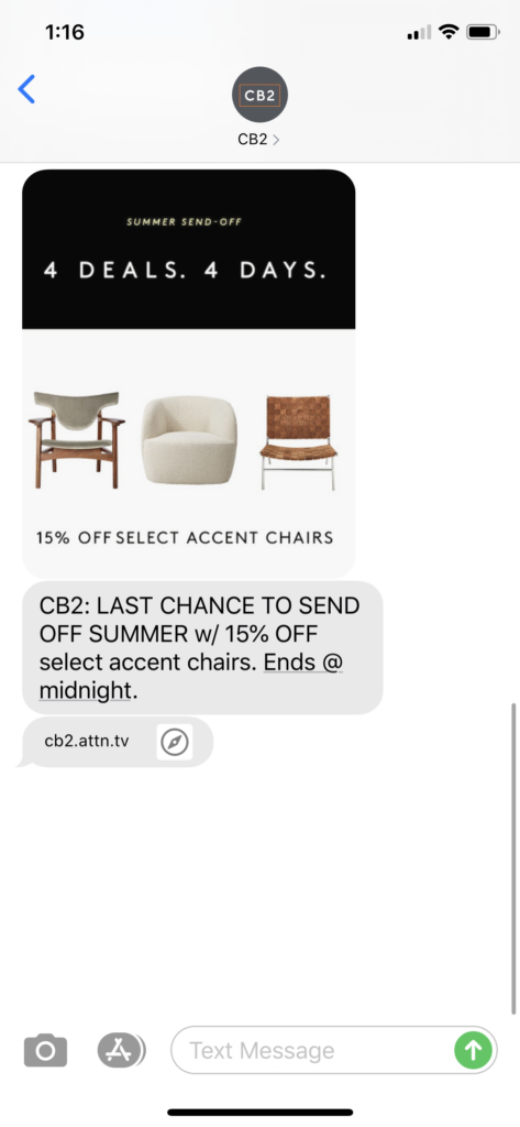 CB2 Text Message Marketing Example - 09.07.2020