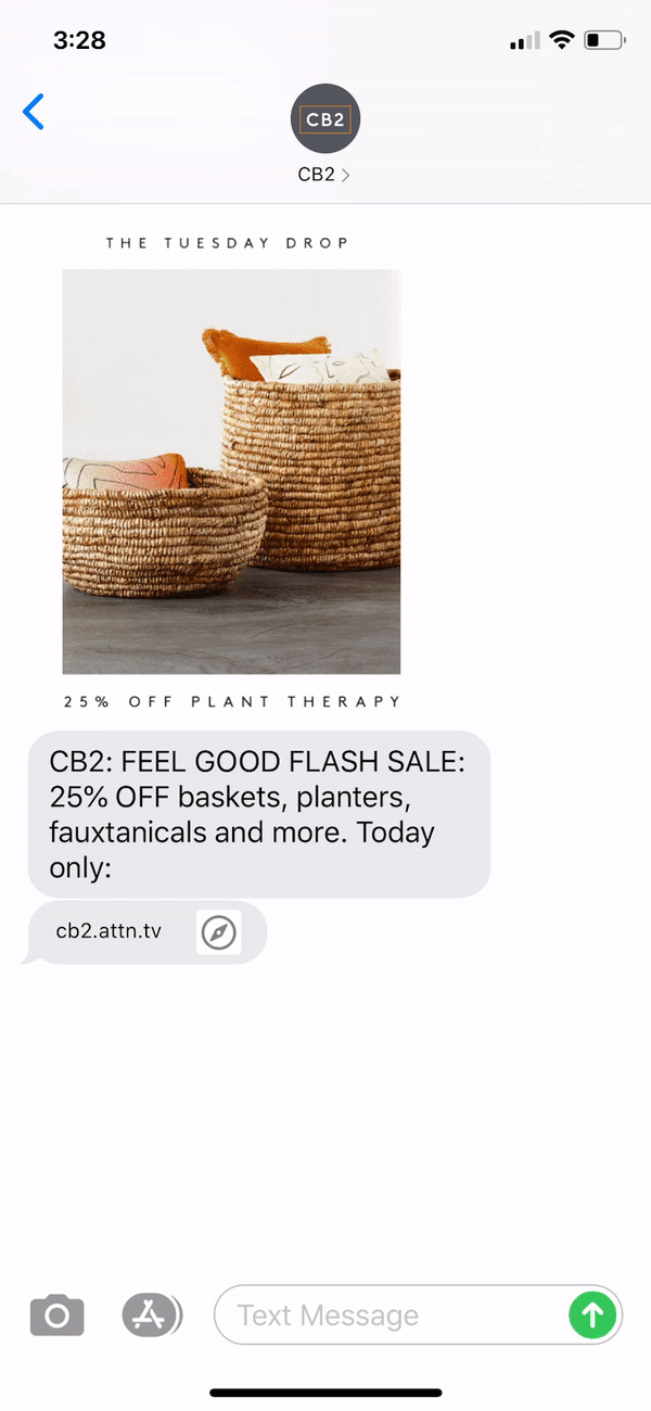 CB2 Text Message Marketing Example - 09.15.2020