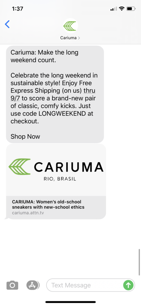 Cariuma Text Message Marketing Example - 09.02.2020