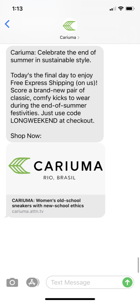 Cariuma Text Message Marketing Example - 09.07.2020