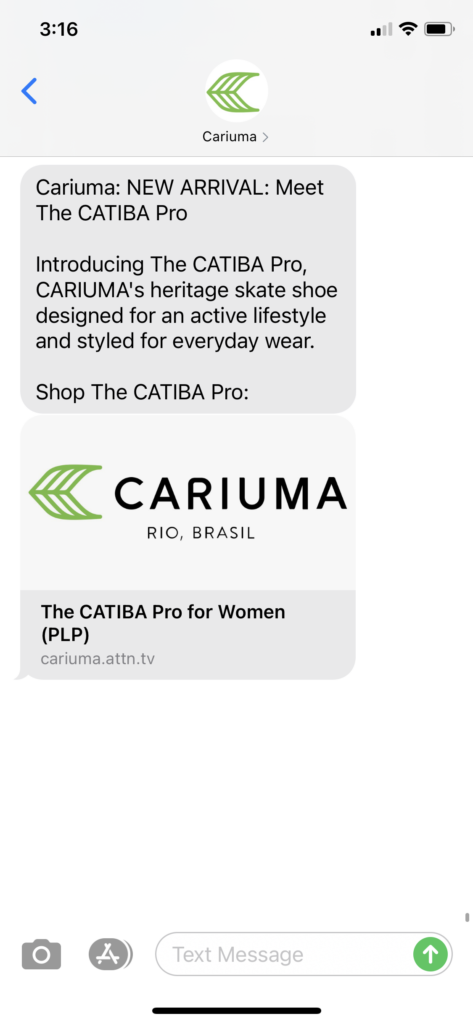 Cariuma Text Message Marketing Example - 09.16.2020