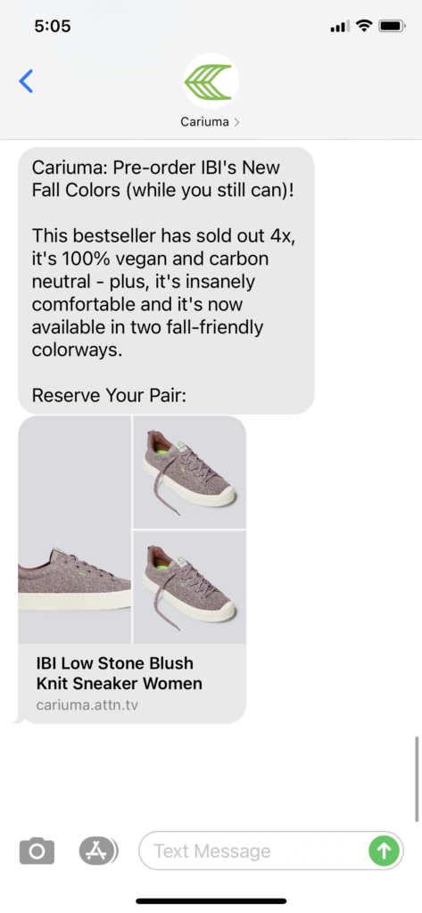 Cariuma Text Message Marketing Example - 09.23.2020