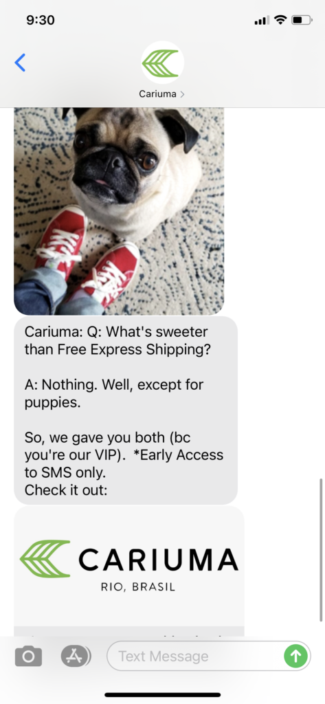 Cariuma Text Message Marketing Example - 09.28.2020