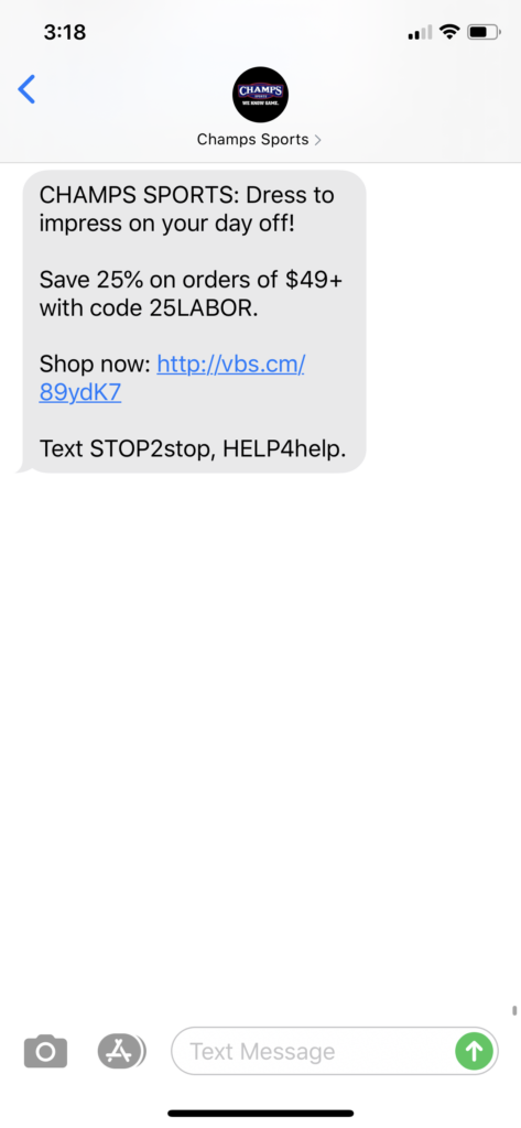 Champs Sports Text Message Marketing Example - 09.06.2020