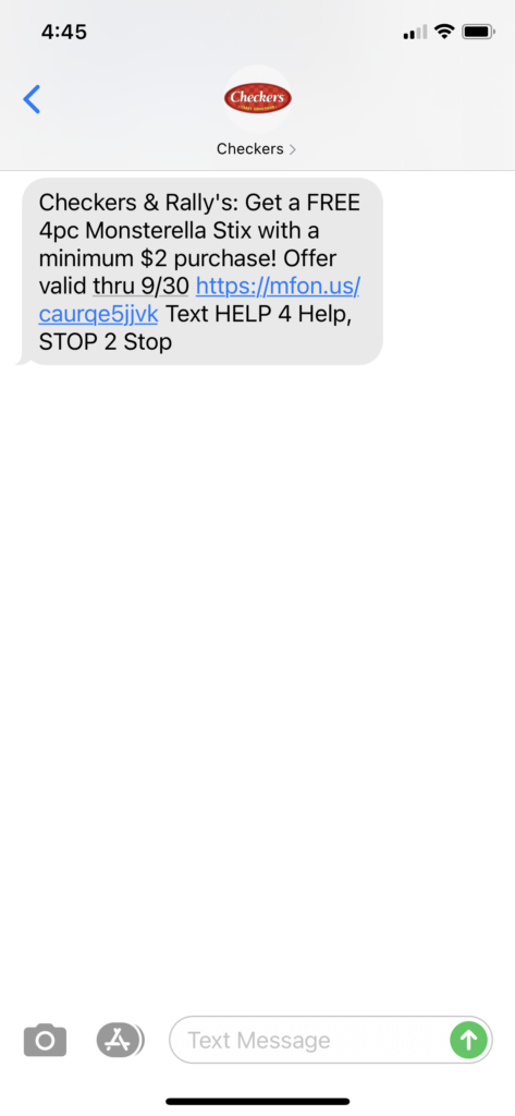 Checkers Text Message Marketing Example - 09.23.2020