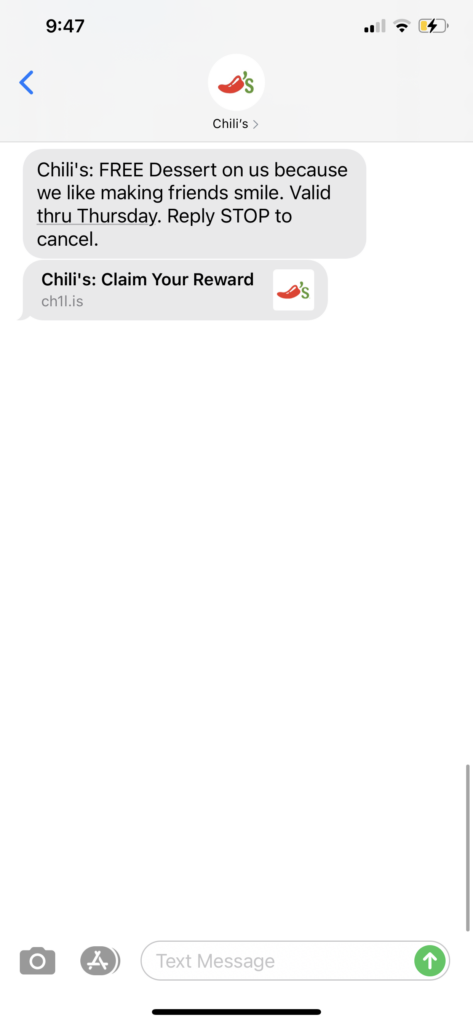 Chili’s Text Message Marketing Example - 09.28.2020