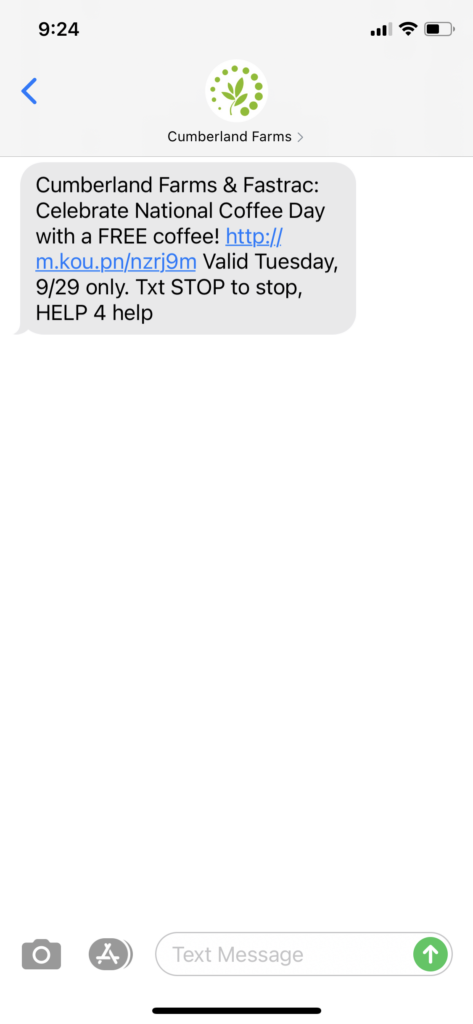 Cumberland Farms Text Message Marketing Example - 09.29.2020