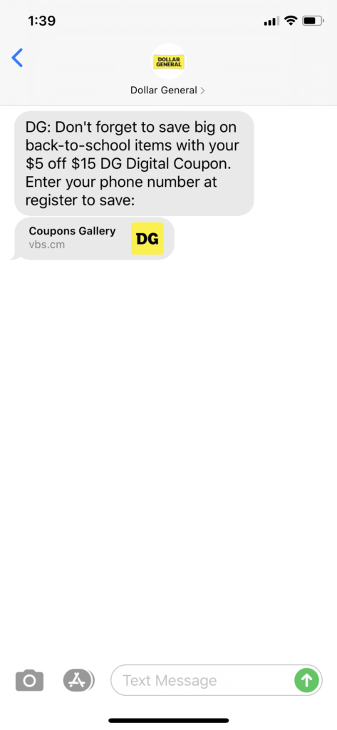 Dollar General Text Message Marketing Example - 09.02.2020