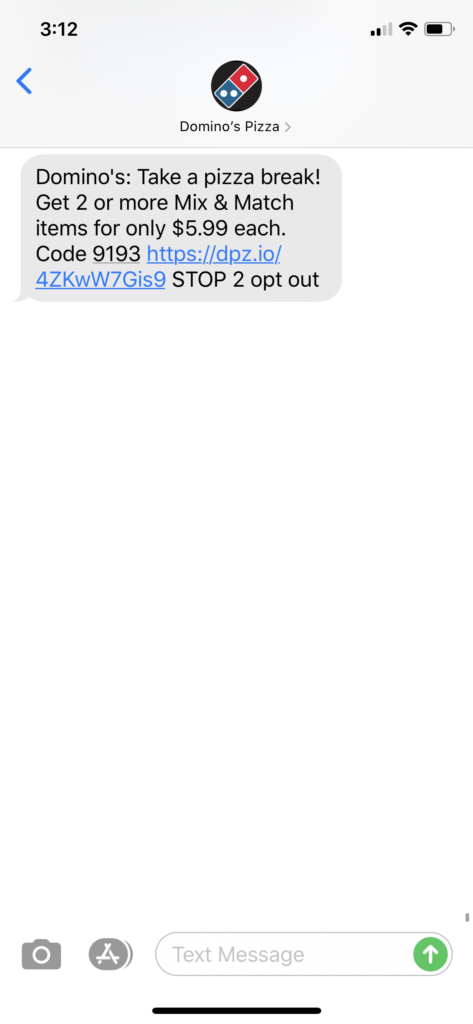 Dominos Pizza Text Message Marketing Example - 09.08.2020