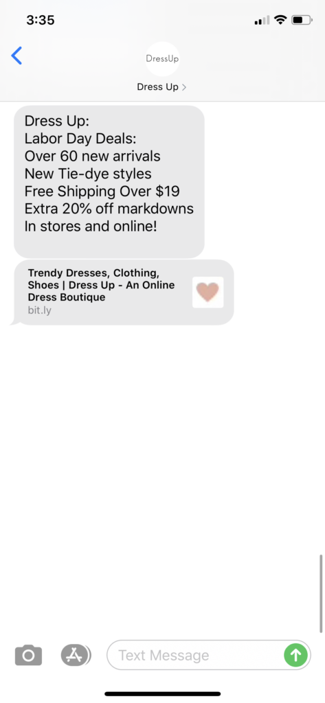 Dress Up Text Message Marketing Example - 09.05.2020