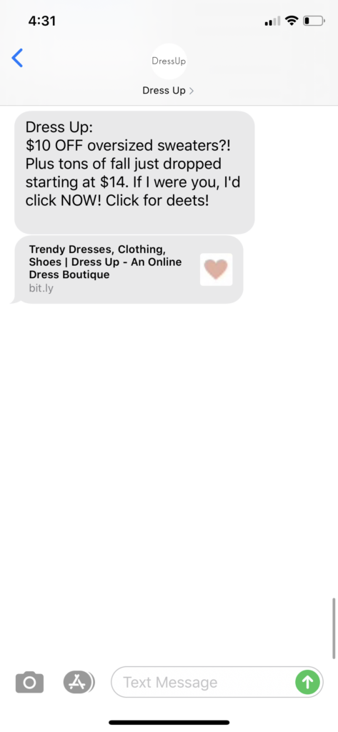 Dress Up Text Message Marketing Example - 09.12.2020