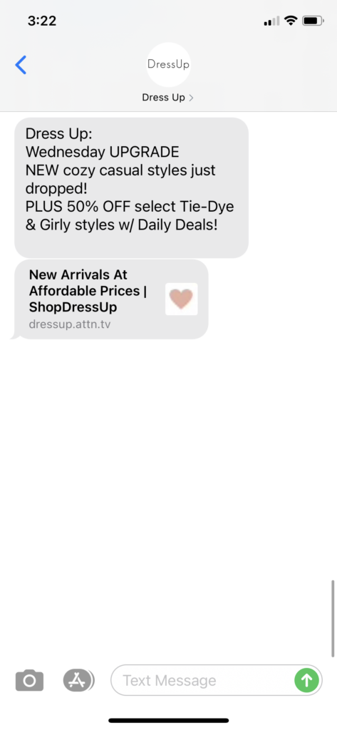 Dress Up Text Message Marketing Example - 09.16.2020