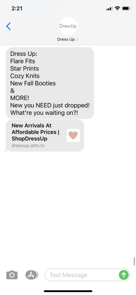 Dress Up Text Message Marketing Example - 09.18.2020