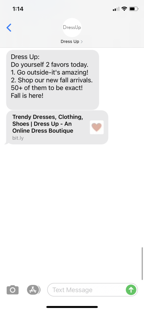 Dress Up Text Message Marketing Example - 09.19.2020