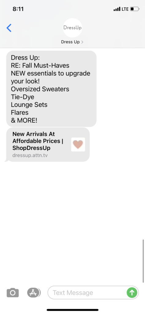 Dress Up Text Message Marketing Example - 09.26.2020