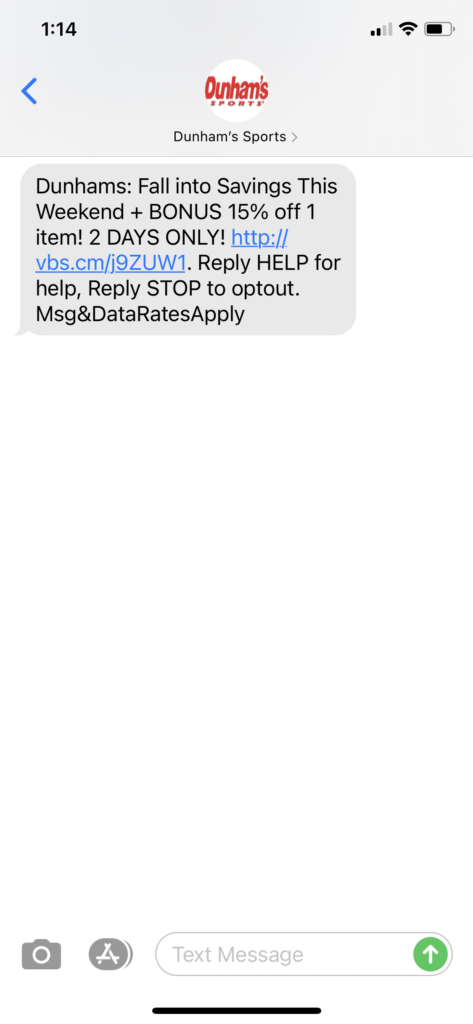Dunhams Text Message Marketing Example - 09.19.2020