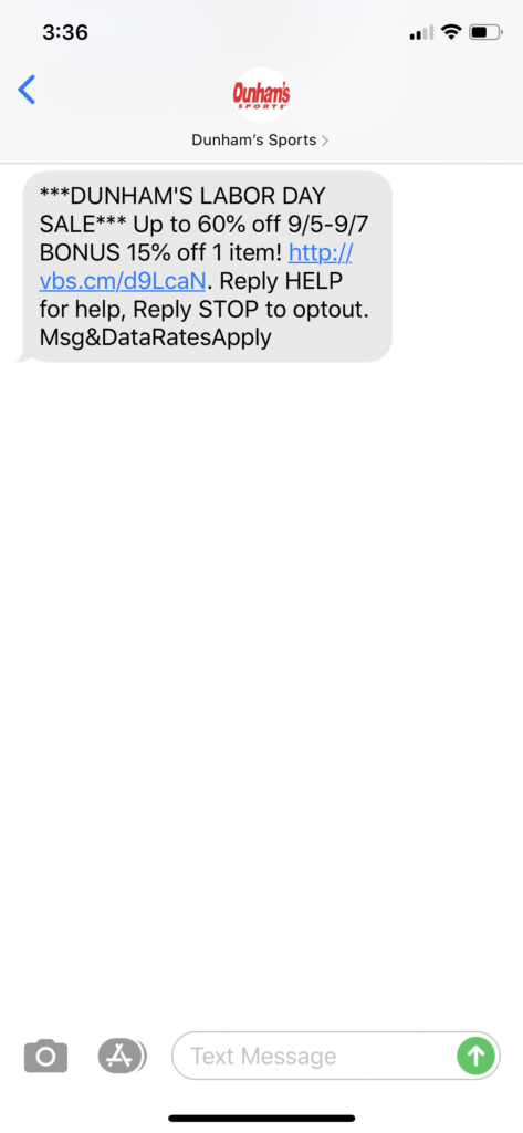 Dunham’s Text Message Marketing Example - 09.05.2020