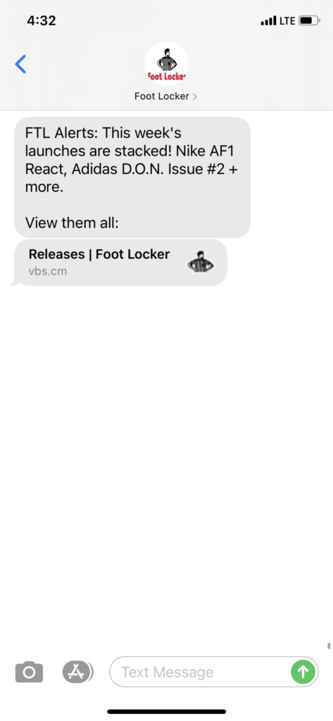 Foot Locker Text Message Marketing Example - 09.28.2020
