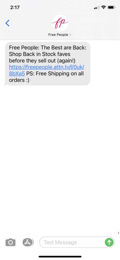 Free People Text Message Marketing Example - 09.18.2020