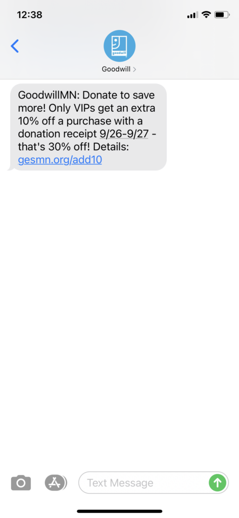 Goodwill Text Message Marketing Example - 09.21.2020