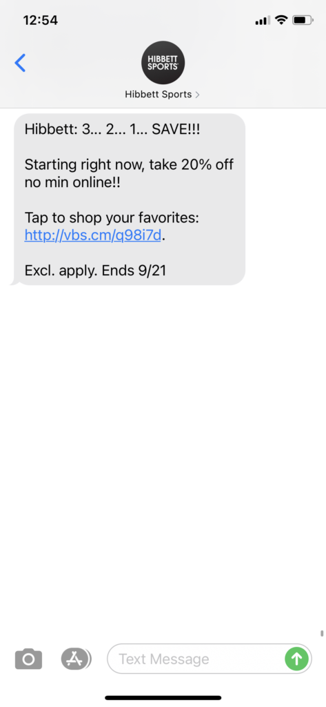 Hibbett Text Message Marketing Example - 09.20.2020