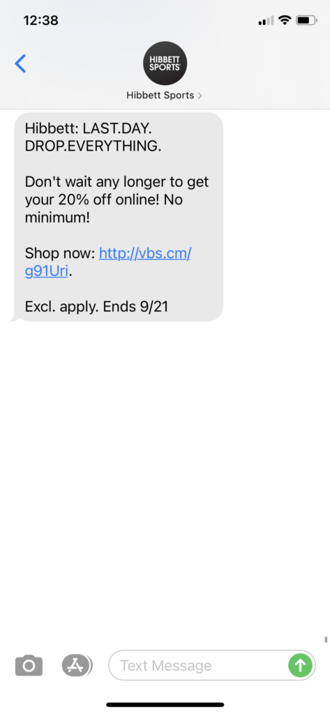Hibbetts Text Message Marketing Example - 09.21.2020