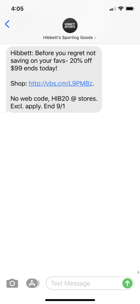 Hibbett’s Text Message Marketing Example - 09.01.2020