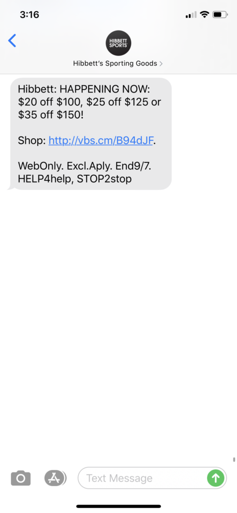 Hibbett’s Text Message Marketing Example - 09.06.2020